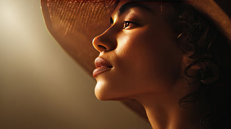 A striking portrait of a woman in profile, illuminated by soft light, emphasizing her radiant skin and graceful features. The wide-brimmed hat adds elegance.の素材