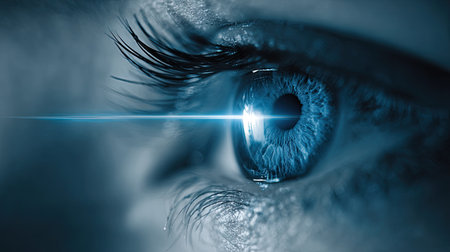 A captivating close-up image of a human eye featuring a vibrant blue iris with light reflection, showcasing intricate details and artistic vision.の素材