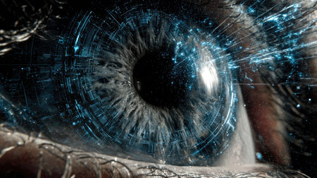 A captivating close-up of a human eye, enhanced with futuristic digital effects and blue glowing elements, showcasing the intersection of biology and technology.の素材