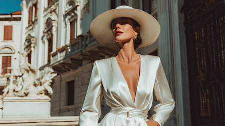 An elegant woman showcases her style in a luxurious white outfit, complemented by a wide-brimmed hat and bold earrings. Set against stunning architecture, the image exudes fashion, beauty, and confidence, perfect for inspiring modern aesthetics.の素材