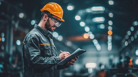 A dedicated construction worker wearing a yellow helmet and safety glasses diligently takes notes in a bustling industrial warehouse setting.の素材