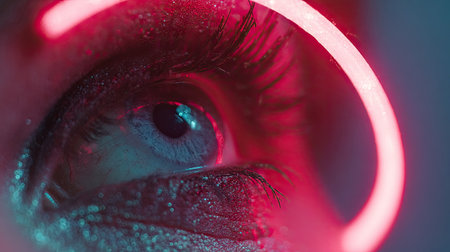 This captivating close-up image focuses on an eye adorned with glittery makeup and illuminated by vibrant neon light, showcasing creativity and artistic flair.の素材