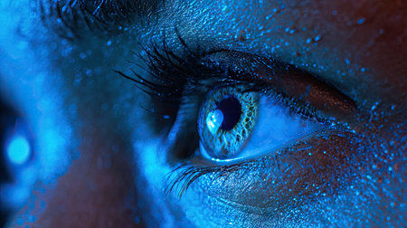 This captivating close-up image showcases a human eye illuminated by blue lighting, highlighting intricate details of the iris and eyelashes, creating a mesmerizing visual experience.の素材