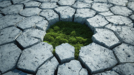A striking image showing vibrant green grass pushing through cracked dry ground, symbolizing hope and resilience in challenging environmental conditions.の素材