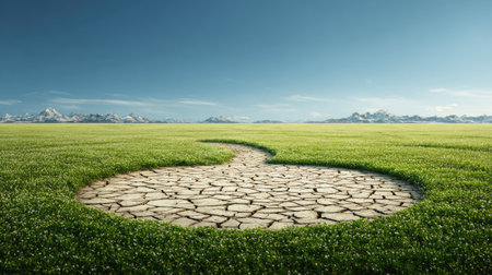 A captivating landscape featuring a circular patch of cracked earth surrounded by lush green grass, under a clear blue sky at dawn, symbolizing nature's balance.の素材