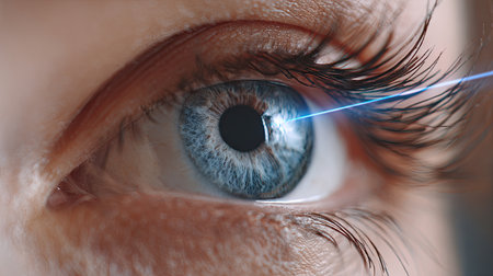 A striking close-up view of a human eye undergoing laser treatment, showcasing the precision of vision correction technology and its impact on sight.の素材