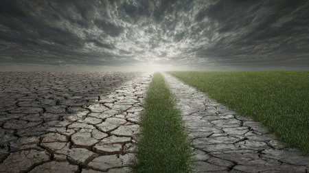 This striking image displays a dramatic contrast between arid, cracked soil and vibrant green grass, symbolizing the impact of climate change on nature's beauty.の素材