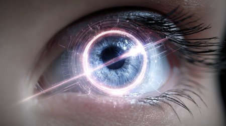 This striking image captures a close-up of a human eye featuring a futuristic digital interface with a glowing energy pattern overlay, symbolizing advanced vision and technology.の素材