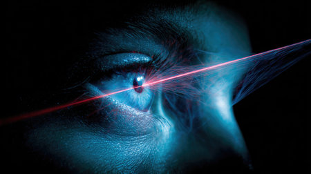 This striking close-up image showcases a human eye with a vibrant laser beam directed at the iris, set against a dark background, invoking themes of vision and technology.の素材