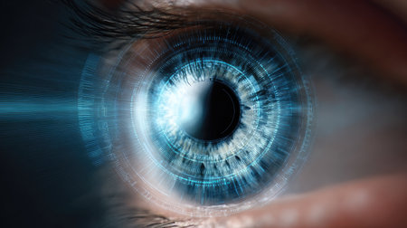A captivating digital representation of an eye, incorporating futuristic elements and blue tones, symbolizing the intersection of technology and human vision.の素材