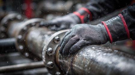 A dedicated worker in protective gloves conducts maintenance on a metal pipe in an industrial environment. The image captures the skilled hands at work, emphasizing attention to detail and safety in a challenging setting.の素材