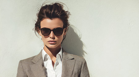A stylish young woman wearing sunglasses poses confidently against a light background, embodying modern fashion and effortless elegance in a chic ensemble.の素材