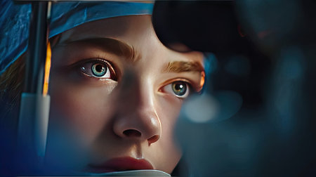 This close-up image captures a young eye specialist intensely focused on her work, highlighting the meticulous nature of medical procedures and modern healthcare settings.の素材