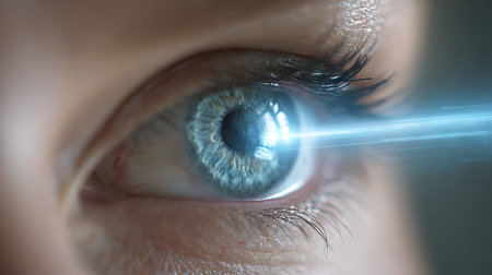 This striking close-up image showcases a human eye with a detailed iris and a bright light beam, embodying themes of vision, beauty, and technology.の素材