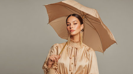 A stunning woman showcases elegance as she poses with a golden umbrella, dressed in a beautiful satin outfit, embodying modern fashion aesthetics.の素材