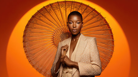 This stunning portrait features an elegant woman with a chic hairstyle posing in front of a vibrant orange backdrop. Her graceful demeanor and stylish outfit create a captivating composition that embodies beauty and fashion.の素材