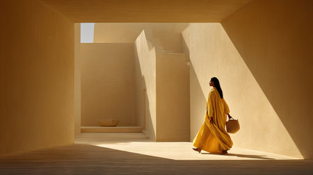 A woman dressed in a vibrant yellow garment walks gracefully through a minimalistic architectural space illuminated by natural light, showcasing harmony and elegance.の素材