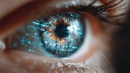 This captivating close-up image features a human eye enhanced with futuristic digital effects and data streams, symbolizing innovation and technology.の素材
