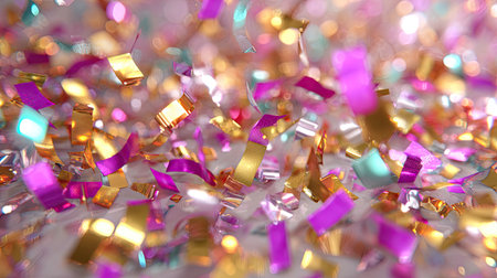This image features a vibrant and colorful confetti background perfect for parties and celebrations. The shimmering particles create a cheerful and festive atmosphere that enhances any joyful event or decor.の素材