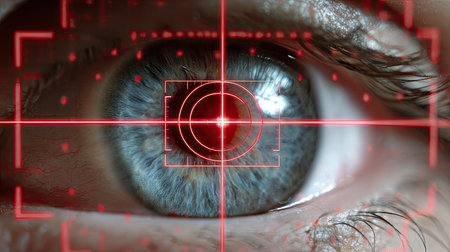 A close-up view of a human eye featuring a digital targeting graphic overlay, symbolizing focus, precision, and high-tech surveillance in various fields.の素材