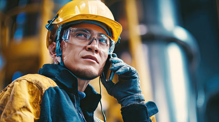 A focused construction worker in a safety helmet and gloves communicates on a mobile phone, surrounded by an industrial environment, emphasizing safety and professionalism.の素材
