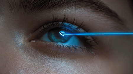 A close-up view of a laser eye treatment showing a blue light targeting the human iris, highlighting the precision and technology used in modern ophthalmology.の素材