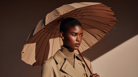 A poised woman showcases elegance in a stylish trench coat while holding a large umbrella. The soft lighting accentuates the minimalistic aesthetic, highlighting beauty and fashion in a contemporary setting.の素材