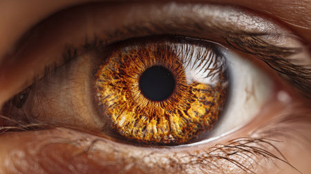 This detailed close-up of a human eye showcases the vibrant colors and intricate patterns within the iris, highlighting the beauty and complexity of human anatomy.の素材
