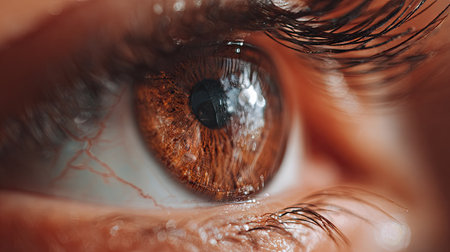 This stunning close-up image showcases a vibrant brown eye, highlighting the intricate details of the iris, lashes, and reflections, capturing natural beauty.の素材