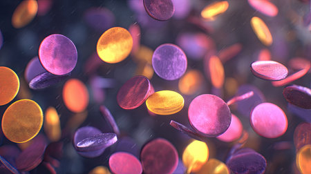 Vibrant and colorful discs gently fall through the air, illuminated by dynamic light effects that create a lively and festive atmosphere, perfect for celebrations.の素材