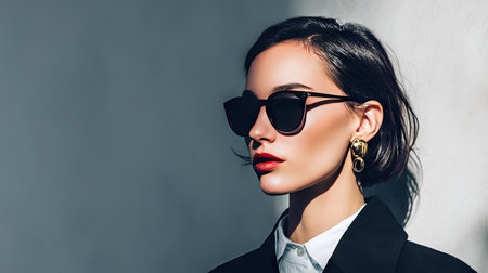 A fashionable woman exuding confidence, wearing stylish sunglasses and bold red lipstick against a modern backdrop. Capturing elegance and urban chic.の素材