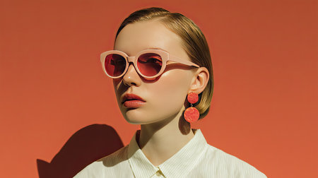 A young woman models a striking look with modern sunglasses and bold earrings, set against a vibrant orange background, capturing contemporary fashion trends.の素材