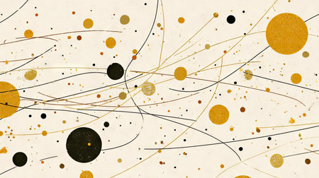 Vibrant abstract art featuring golden and black circles with dynamic lines on a light background, perfect for contemporary decor and design projects.の素材