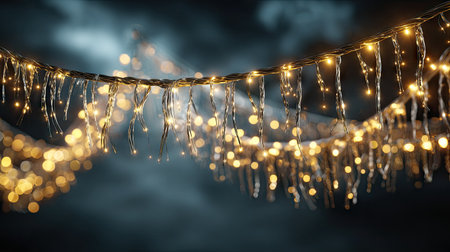 This captivating image showcases warm and twinkling decorative lights hanging softly, creating a beautiful and festive ambiance against a blurred night sky.の素材