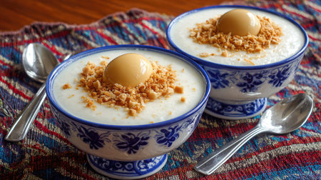 This delightful creamy dessert features a sweet egg yolk topped with crunchy bits, served in beautifully decorated bowls on a vibrant cloth.の素材