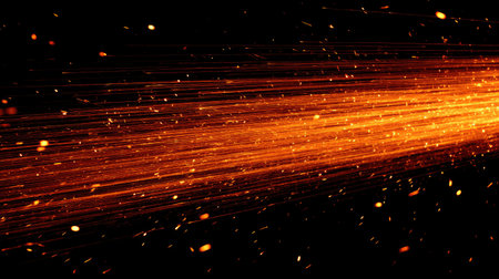 This stunning image showcases dynamic orange sparks illuminating against a black background, providing a captivating visual experience. Perfect for creative projects.の素材