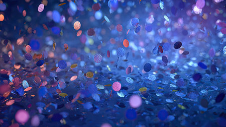This captivating image showcases colorful confetti gently falling against a vibrant, shimmering background. Ideal for evoking excitement and joy during celebrations and special occasions.の素材