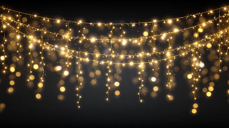 This image features beautiful warm glowing fairy lights delicately hanging in a dark space, creating a magical atmosphere perfect for celebrations.の素材