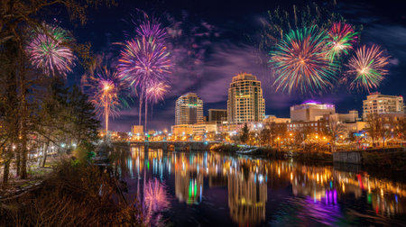 Experience a captivating night view of an urban skyline illuminated by vibrant fireworks, reflecting beautifully in a calm river during a festive celebration.の素材