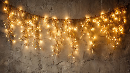 A captivating display of warm twinkling fairy lights gracefully draped against a textured wall, creating a cozy and inviting atmosphere for any space.の素材