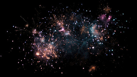 A vibrant display of colorful fireworks lights up the dark night sky, creating a mesmerizing scene filled with sparkling stars and dynamic bursts.の素材