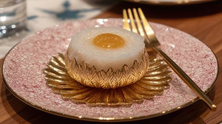 A stunning presentation of an exquisite Asian dessert featuring a delicate floral design on an ornate plate, accompanied by golden cutlery, showcasing elegance and gourmet artistry.の素材