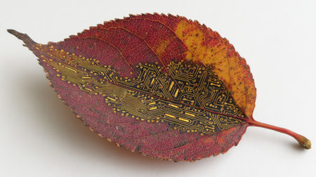 This unique image showcases a vibrant autumn leaf adorned with a detailed circuit pattern, blending nature and technology in an artistic expression.の素材