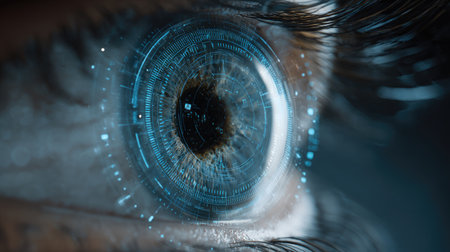 This striking close-up image showcases a futuristic eye augmented with digital interfaces and biometric data, blending technology and human vision in a unique way.の素材
