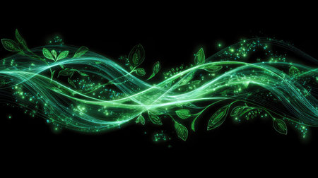 This captivating image features ethereal green motion with luminous light trails and delicate leaves against a dark backdrop, perfect for abstract or nature-inspired projects.の素材