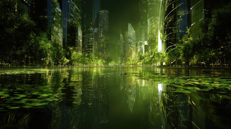 Explore a tranquil urban oasis featuring a futuristic city with lush greenery and serene water reflections, showcasing harmony between nature and architecture.の素材