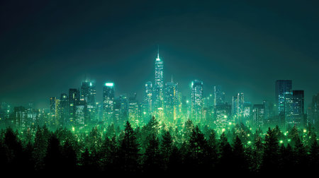A captivating view of a vibrant city skyline glowing in green colors at night, juxtaposed against a serene forest, creating a tranquil and enchanting atmosphere.の素材