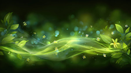 This captivating abstract background features soft green waves, delicate leaves, and scattered flowers, creating a serene and lush atmosphere for various design applications.の素材
