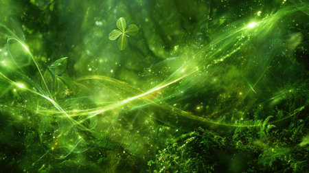 An enchanting abstract representation of a lush green landscape filled with ethereal lights, sparkling effects, and natural elements, perfect for creative projects.の素材