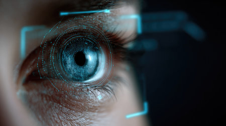 This close-up image showcases a human eye integrated with digital technology, emphasizing futuristic scanning capabilities and innovation in vision.の素材